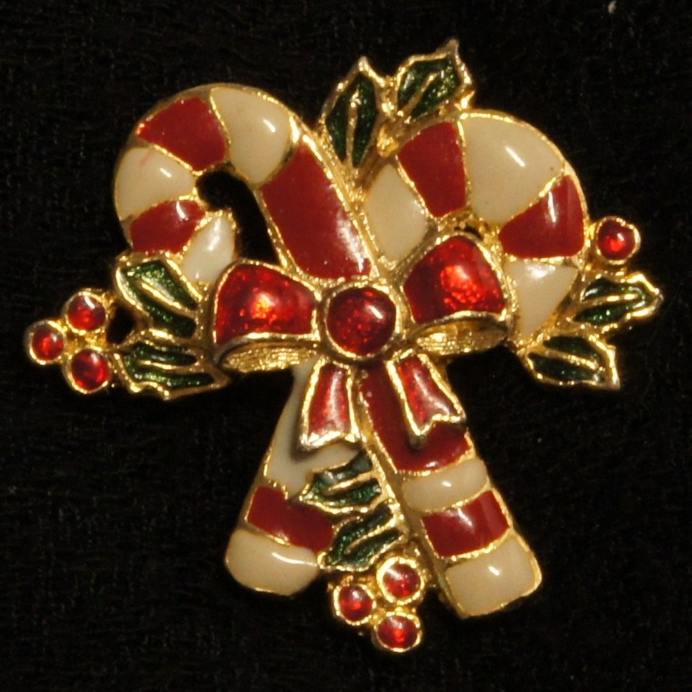 Double Candy Cane Brooch Red White Enamel Rhinestone Bow Christmas Pin Gold Tone